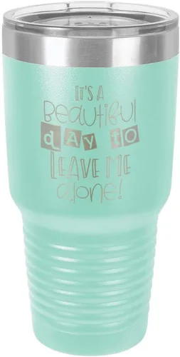 Vista 22 de Taza de viaje de acero con recubrimiento de polvo grabado por láser con grabado «It 'S A BEAUTIFUL DAY TO LEAVE ME ALONE» de 325 ml con campana