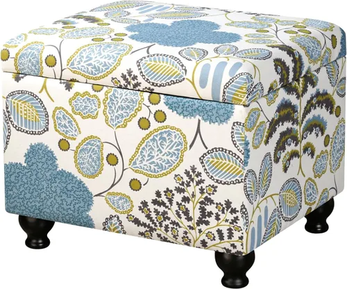 Vista 3 de Adeco Otomana Almacenadora Colorida con Almacenamiento, Otomana de 53 cm de Lino con Reposapiés y Tapa con Bisagra con Patrón de Hojas Azules