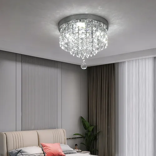Vista 7 de Deckrico Candelabro de cristal moderno LED para techo, montaje empotrado, de acero inoxidable, pantalla de luz con cuentas para dormitorio, comedor