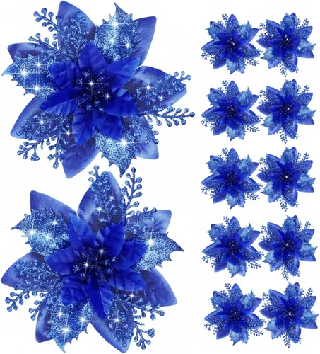 Vista 12 de Canlierr 12 piezas flores de Pascua de Navidad de 5.7 pulgadas con purpurina, flores artificiales con clips, adorno de árbol de Navidad para corona