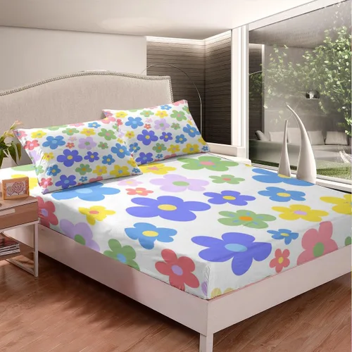 Vista 4 de Bonito juego de sábanas de flores para niñas y mujeres, sábanas coloridas de dibujos animados de flores funky de tamaño individual, bonito juego