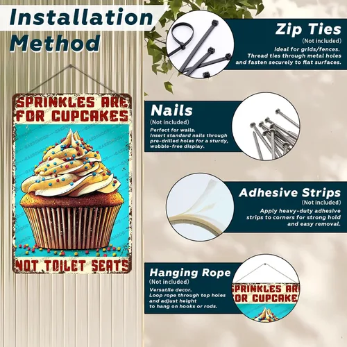 Vista 4 de Cartel de metal divertido Baker Sprinkles Are For Cupcakes Not Toilet Seats Novedoso póster de metal para el hogar, cocina, baño, letrero