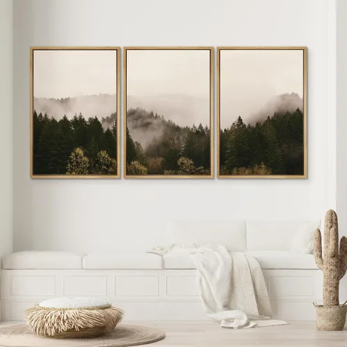 Vista 449 de SIGNWIN Lienzo enmarcado para pared, juego de arte pastel con cadena montañosa, bosque, niebla, naturaleza silvestre, ilustraciones modernas, arte