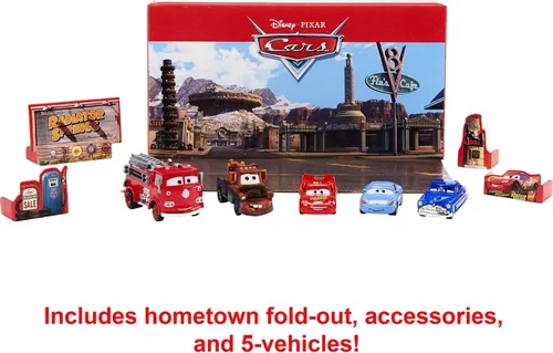 Vista 3 de Mattel Disney y Pixar Cars Vehículo de 5 paquetes con 4 autos de juguete de personajes y 1 camión de bomberos rojo inspirado en Radiator Springs