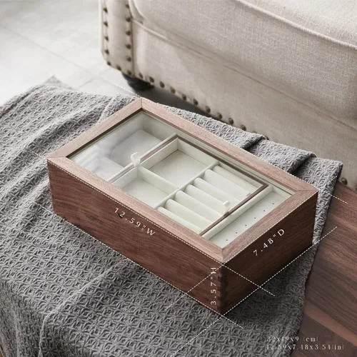 Vista 2 de Beexchange Joyero de madera de nogal negro, hecho a mano, tapa de cristal, regalo para mujeres, hombres y niñas. Organizador de joyas (una sola capa)