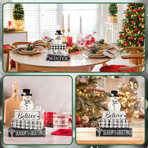Vista 6 de 4 piezas de decoración de Navidad para interiores de madera con muñeco de nieve para decoración de mesa de centros de mesa de Navidad Feliz Navidad