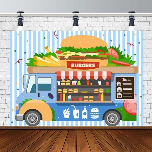 Vista 5 de Fondo de hamburguesa para camión de comida rápida, postre de tienda, hamburguesas, papas fritas, bebidas, fotografía, telón de fondo para niños