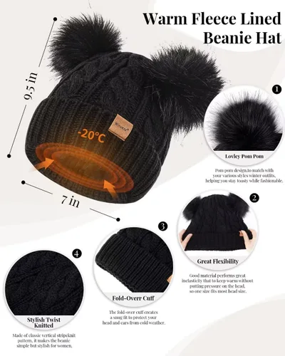 Vista 2 de Conjunto de gorro, bufanda y guantes de invierno para mujer, gorro con forro polar con doble pompón, guantes para pantalla táctil, bufanda de punto