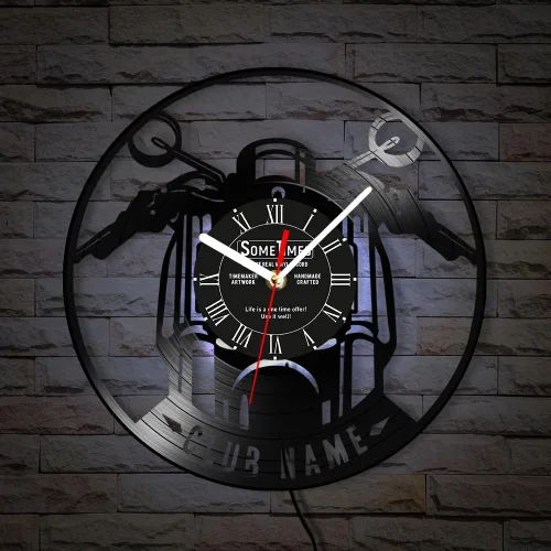 Vista 9 de The Geeky Days Reloj de pared con disco de vinilo para motocicleta, con nombre personalizado, 7 colores cambiantes, para motocicletas, garaje, reloj
