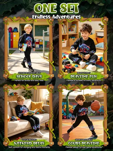 Vista 5 de Ochine Ropa para niños pequeños, sudadera de manga larga con estampado de dinosaurio T-Rex, sudadera y pantalones, 2 piezas, trajes de otoño e