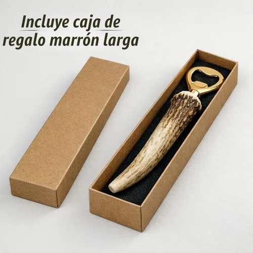 Vista 2 de Abrebotellas hecho a mano con cuernos de ciervo, tono dorado Abridor de cerveza rústico, hecho en Texas, asta natural de 4 a 7 pulgadas, caja