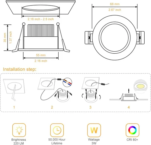 Vista 3 de Lámpara LED Downlight de 2 pulgadas, kit de luz de techo regulable de 3 W, luz blanca ultra cálida de 2700 K, luces LED blancas CRI80