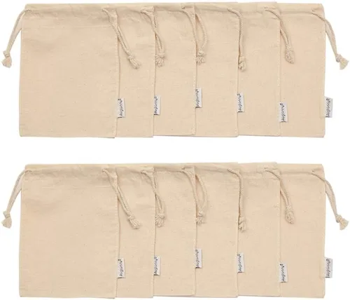 Vista 2 de Bolsas 100 % muselina de algodón con cordón, 12 unidades, M, Blanco