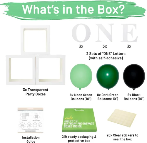 Vista 2 de Cajas de Globos de Primer Cumpleaños 'ONE' para 1 Año CON 24 Globos - Decoraciones de Primer Cumpleaños para Bebé Bloques de Cubo Transparente