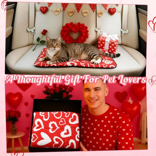Vista 4 de Paquete de 2 tapetes autocalentables para gatos, diseño de corazón rojo y blanco que refleja el calor corporal, cama autocalentable, lavable a