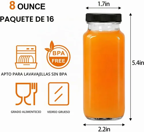 Vista 2 de Paquete de 16 botellas de jugo de vidrio de 8 onzas con tapas