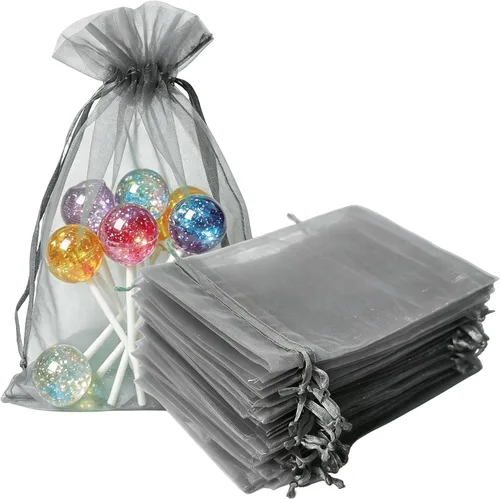 Vista 28 de Bolsas de regalo de organza de 4 x 6 pulgadas con cordón para joyas, dulces, paquetes de 50 bolsas de té de tela transparente azul aguamarina