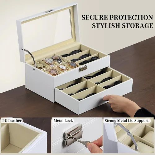 Vista 3 de AUTOARK AW-131 - Caja de cuero para 6 relojes, joyero y 9 piezas para guardar lentes de sol y lentes de sol, cajón organizador con cerradura
