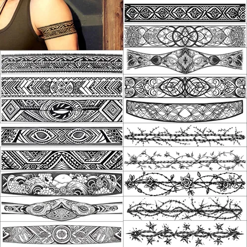 Vista 10 de GLARYYEARS Tatuaje Temporal de Banda para el Brazo - Paquete de 18 Tamaño Súper Largo, Tatuajes Falsos Realistas y Bohemios Estilo Polinesio Maorí