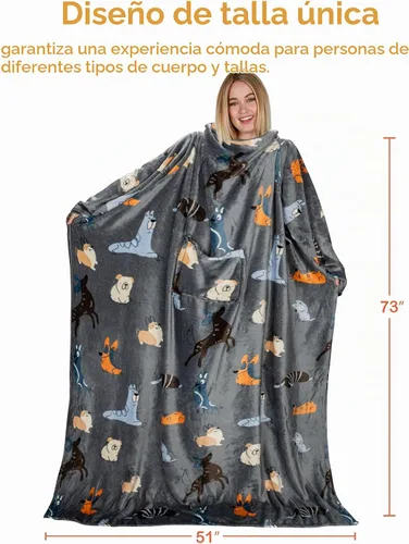 Vista 6 de Catalonia Manta con mangas para mujeres y hombres, manta de forro polar Perro gris
