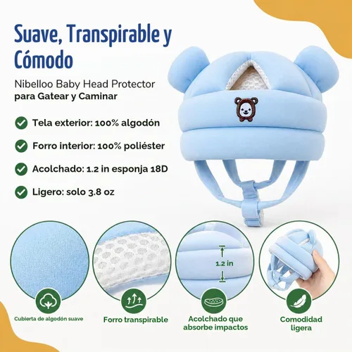 Vista 5 de Baby Head Protector for Crawling Walking, Infant Helmet with Foam Bumpers, Adjustable Baby Helmet for Crawling Walking, Toddler Helmet - Head Azul