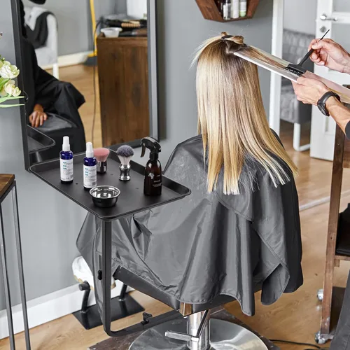 Vista 2 de Noverlife Bandeja de metal para salón unida a la silla, bandeja de silla de peluquería de rotación de 360 grados para herramientas de peluquería