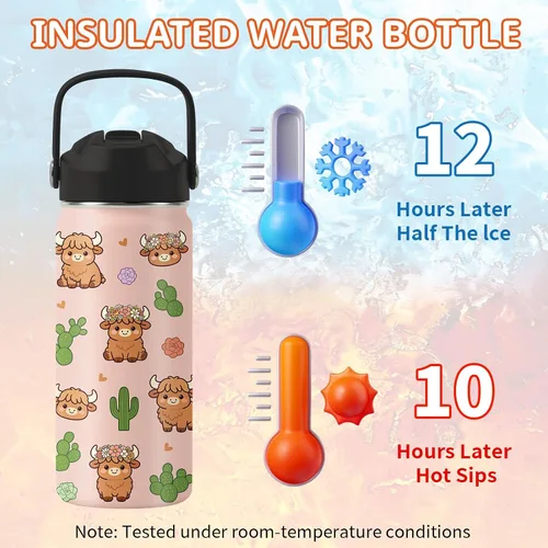 Vista 4 de Botella de agua de vaca de 16 onzas con asa y popote para niños, vasos de Vaca-Rosa
