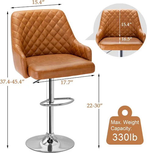 Vista 7 de Juego de 2 taburetes de bar ajustables para encimera de cocina, color marrón