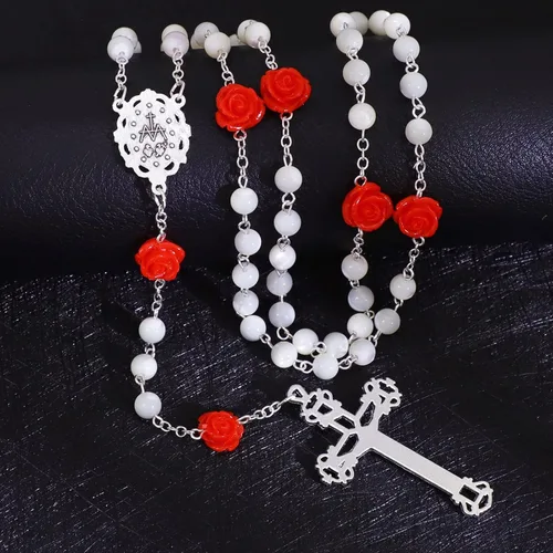 Vista 5 de Rosary Beads Catholic for Women Gemstone Rosary Beads Necklace with Crucifix Cross Crystal Pearl Rosary Rosarios Catolicos Catholic Gifts