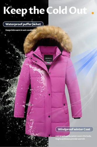 Vista 5 de CREATMO US Chaqueta de esquí larga con forro polar para niña con capucha de pelo grueso