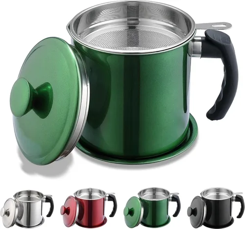 Vista 9 de Kyraton Contenedor de Grasa de Tocino con Colador, Recipiente de Aceite de Acero Inoxidable de 48 oz, Recipiente de Grasa de Olla con Tapa, Mango
