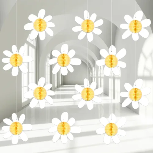 Vista 7 de Poen - 12 decoraciones de fiesta de margaritas con diseño de panal de abeja, flores bohemias para colgar en papel, decoraciones de verano, aula
