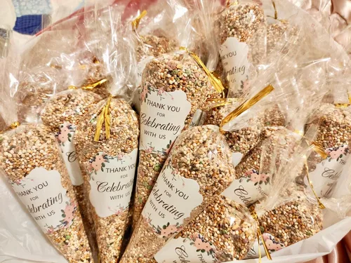 Vista 3 de COOLAKE Bolsas de golosinas en forma de cono, 100 unidades de 7 x 14.5 pulgadas, bolsa de celofán, bolsa de palomitas de maíz con lazos giratorios