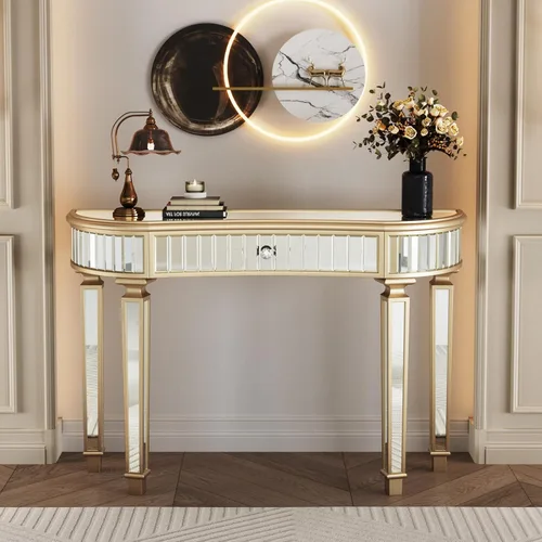 Vista 9 de SSLine Mesa de consola negra con espejo para sala de estar, mesa de entrada moderna de espejo de 43 pulgadas con base de cristal en forma de O