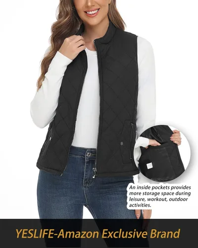 Vista 2 de YESLIFE Chaleco de moda para mujer con un bolsillo interior cuello alto ligero con cremallera acolchado para mujer