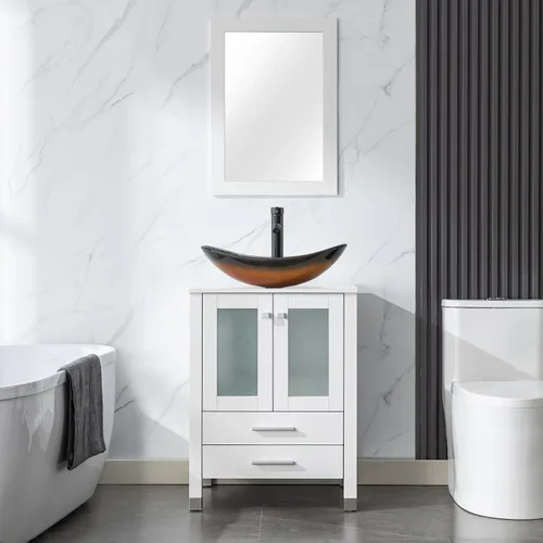 Vista 24 de LUCKWIND Combinación de tocador de baño de 24 pulgadas con lavabo, serie elegante con marco pintado, armario de almacenamiento de baño de dos