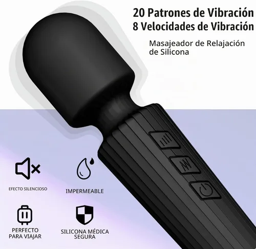 Vista 2 de Mini masajeador personal inalámbrico de mano con vibración, 20 patrones y 8 velocidades, silicona suave, impermeable, recargable por USB y Negro