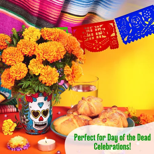 Vista 3 de Dia de los Muertos Papel Picado (PAPEL) – Decoración de fiesta del Día de Muertos (paquete de 4, 10 banderas por bandera) – Papel Picado Mexicano