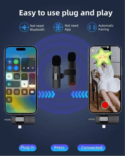 Vista 5 de AMOOX Micrófono Lavalier inalámbrico para cámara de iPhone, transmisión en vivo, vlogging, micrófono omnidireccional inalámbrico, micrófono