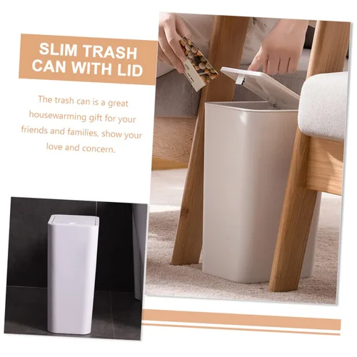 Vista 4 de Bote de basura delgado de plástico con tapa de prensa- para baño, cocina, oficina, color blanco