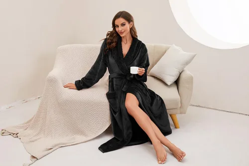 Vista 6 de HEARTNICE - Bata larga de forro polar para mujer, batas suaves y esponjosas para mujer, batas de baño cálidas, abrigo cómodo para el hogar de Negro