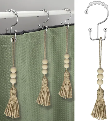 Vista 10 de Ganchos bohemios para cortina de ducha, anillos para decoración de baño, 12 piezas náuticas decorativas de acero inoxidable negro, resistentes a