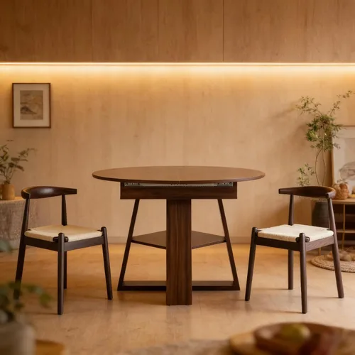 Vista 6 de Juego de mesa de comedor, juego de mesa de cocina redonda a ovalada expandible con 2 sillas de cuerda tejida, mesa de pedestal de madera con estante