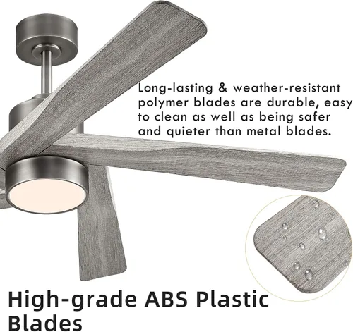 Vista 8 de WINGBO Ventilador de techo ABS DC de 54 pulgadas con luces, ventilador de techo de grano de madera ABS de 5 aspas con control remoto, motor CC