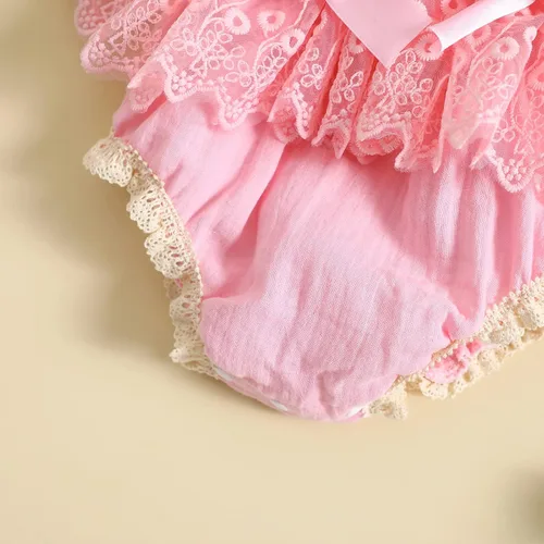 Vista 6 de Mameluco de burbujas para bebé niña con encaje y tutú con mangas con volantes, traje de verano
