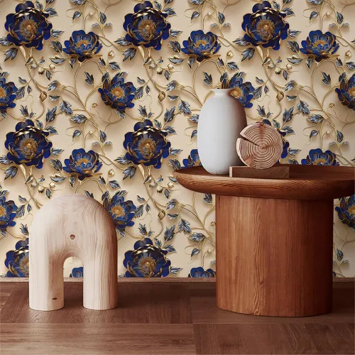 Vista 2 de MuralPeel Papel Tapiz Vintage con Florales Dorados Azules y Amarillos de Despegar y Pegar Fácil de Quitar Autoadhesivo Removible Adhesivo para Pared