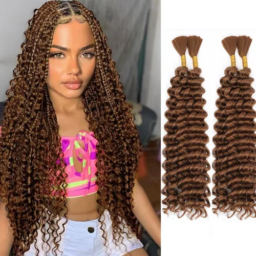 Vista 9 de Mezcla de cabello humano para trenzar, cabello sintético rizado bohemio para trenzar, trenzas bohemias de 16 pulgadas, 4 paquetes de 110g/paquete