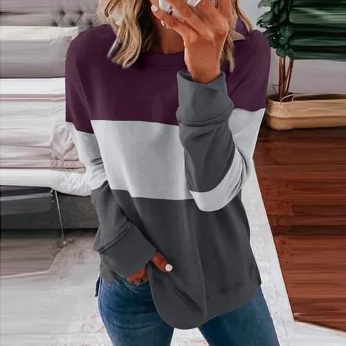 Vista 2 de Sudadera de manga larga con cuello redondo para mujer, para otoño, a la moda, bloque de color, túnica casual, holgada, blusas