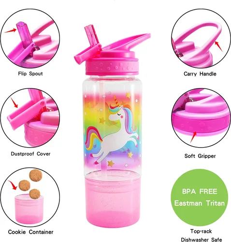 Vista 2 de Botella para beber agua para niños de 18 onzas, sin BPA, tapa con popote abatible, fácil de abrir, ligera, compartimento para aperitivos, botella