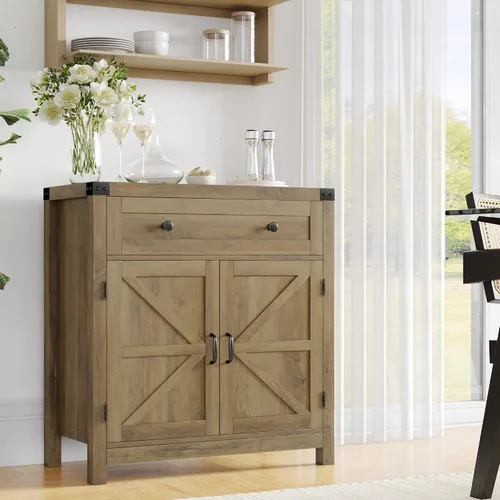 Vista 2 de HOSTACK Coffee Bar Cabinet, Kitchen Storage Cabinet, Modern Farmhouse Buffet Sideboard with Drawer and Adjustable Shelf, Barn Door Accent Cabinets